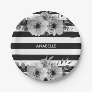 Assiettes En Carton Rayures florales noires et blanches