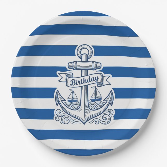 Assiettes En Carton Rayures Nautiques Anniversaire Ancre (Devant)