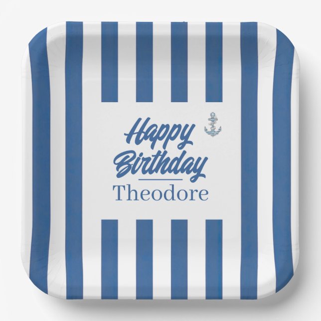 Assiettes En Carton Rayures Nautiques Anniversaire Ancre (Recto)