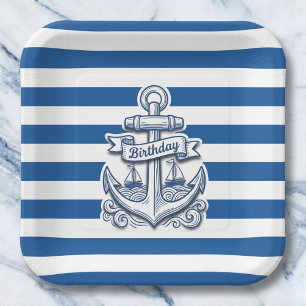 Assiettes En Carton Rayures Nautiques Anniversaire Ancre