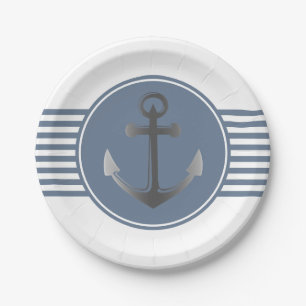 Assiettes En Carton Rayures nautiques bleues et blanches d'Ancre