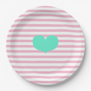 Assiettes En Carton Rayures roses et blanches et coeur turquoise -