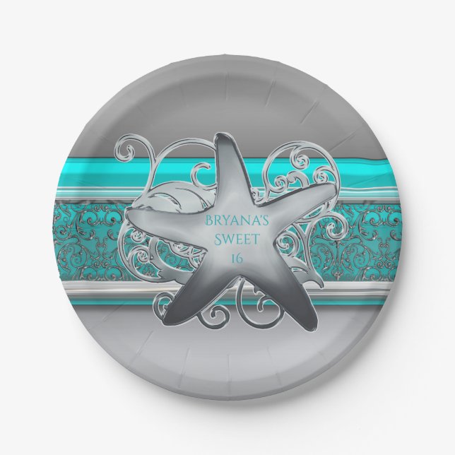Assiettes En Carton Réception Aqua & Silver Starfish Beach (Devant)