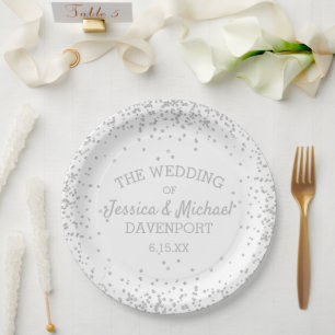 Assiettes En Carton Réception de mariage élégante avec paillettes blan