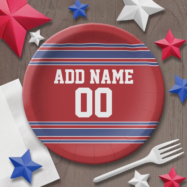 Assiettes En Carton Red and Blue Sports Jersey fête d'anniversaire (Personalized party plates - sports theme for birthday or any occasion)