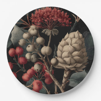 Assiettes En Carton Red Berries and Exotic Seed Pods on Black