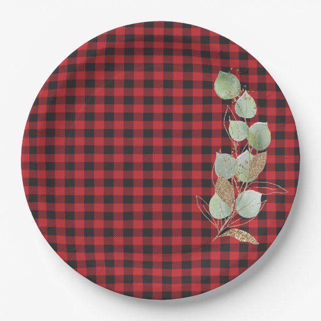 Assiettes En Carton Red Black Buffalo Check Parties scintillant Sage B (Devant)