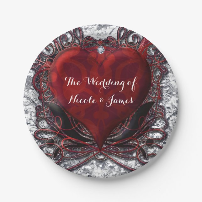 Assiettes En Carton Red Black Silver Valentine Heart Party (Devant)