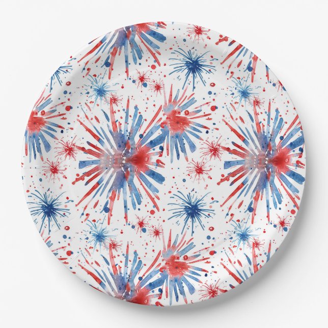 Assiettes En Carton Red Blue Fireworks 4 juillet Plaque (Devant)