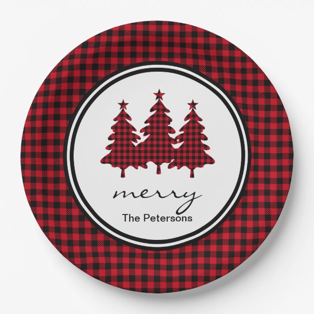 Assiettes En Carton Red Buffalo Check Pine Trees Personnalisé (Devant)