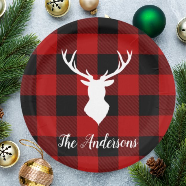 Assiettes En Carton Red Buffalo Plaid & White Deer | Nom personnel (Créateur téléchargé)