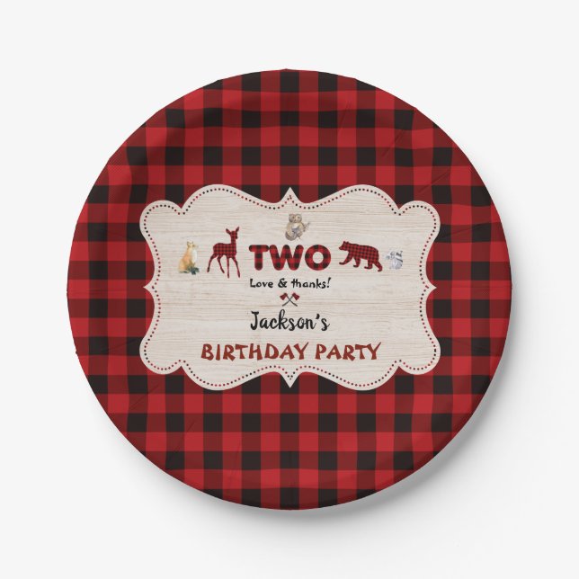 Assiettes En Carton Red Buffalo Woodland Animaux Garçon 2e anniversair (Devant)
