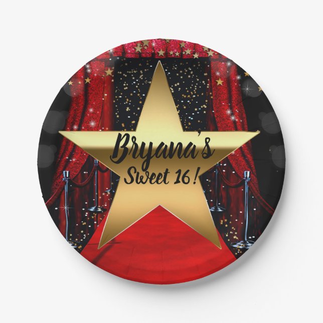 Assiettes En Carton Red Carpet Hollywood Gold Stars Anniversaire (Devant)