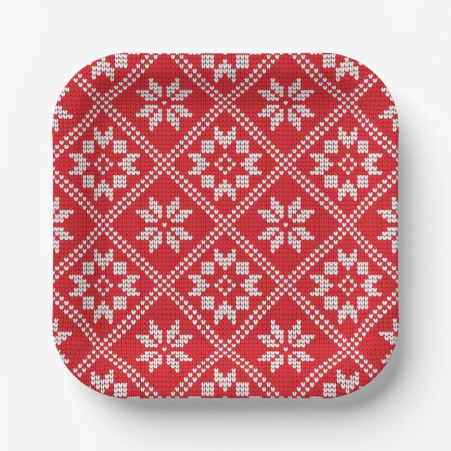 Assiettes En Carton Red Fair Isle Sweat Knit Motif Noël (Recto)