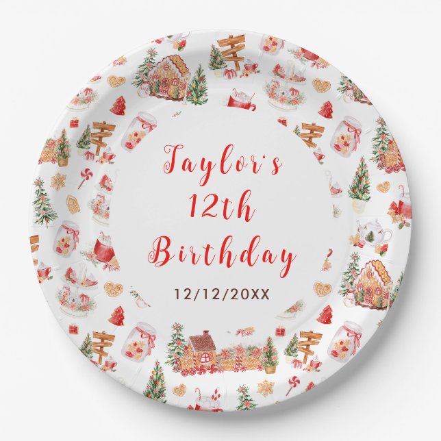 Assiettes En Carton Red Gingerbread House Birthday Party (Devant)