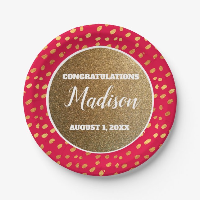 Assiettes En Carton Red Gold Confetti Graduation College Trunk Party (Devant)