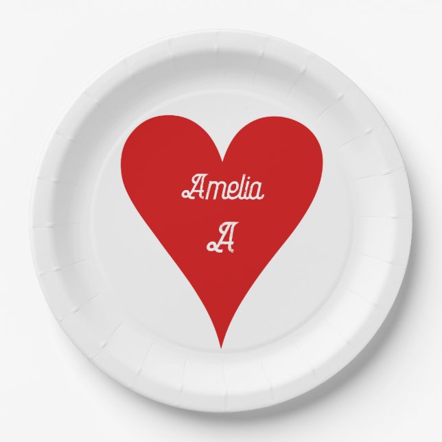Assiettes En Carton Red Heart Love Valentine's Day Name & Monogram (Devant)