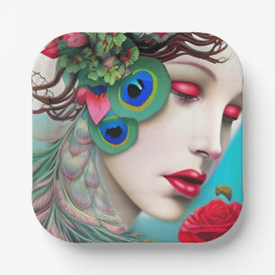 Assiettes En Carton Red Lips et Rose Peacock Abstrait