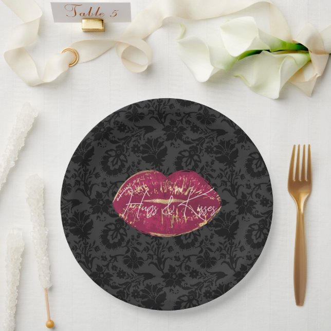 Assiettes En Carton Red Lips Kiss Black Floral (Mariage)