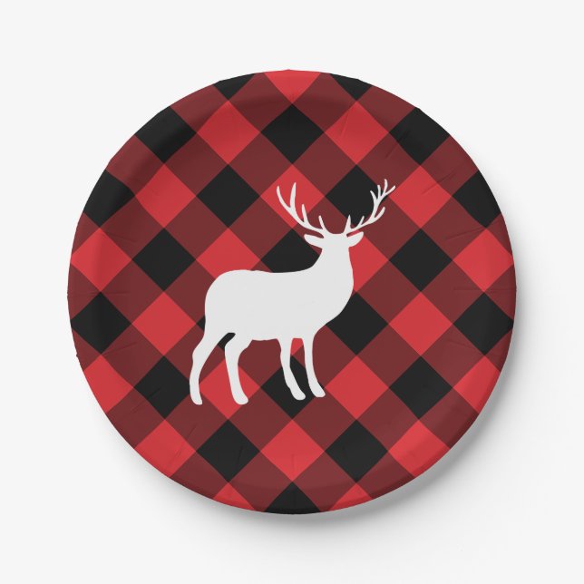 Assiettes En Carton Red Plaid et White Stag | Vacances (Devant)