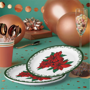 Assiettes En Carton Red Poinsettia Cluster Noël Fête Florale