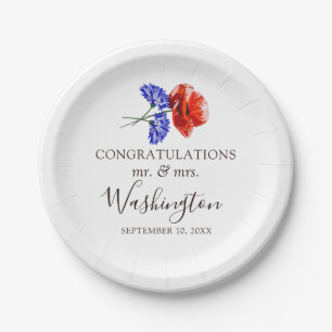Assiettes En Carton Red Poppy & Blue Cornflower Nom et Mariage Date