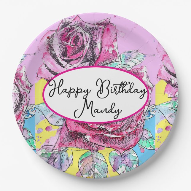 Assiettes En Carton Red Rose Roses Pink flower Birthday Womens (Devant)