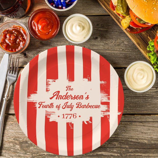 Assiettes En Carton Red Stripe Blanc & Bleu Nom de famille Barbecue (Créateur téléchargé)