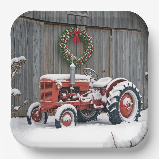 Assiettes En Carton Red Tractor With Christmas Wreath (Recto)