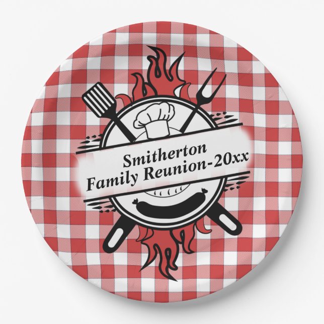 Assiettes En Carton Red White Check Barbecue Cuisine Famille Réunion (Devant)