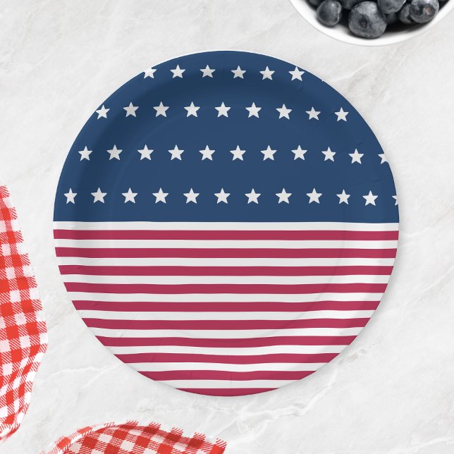 Assiettes En Carton Red White et Blue Stars Stripes 4 juillet (Red White and Blue Stars Stripes 4th of July Party Paper Plates)