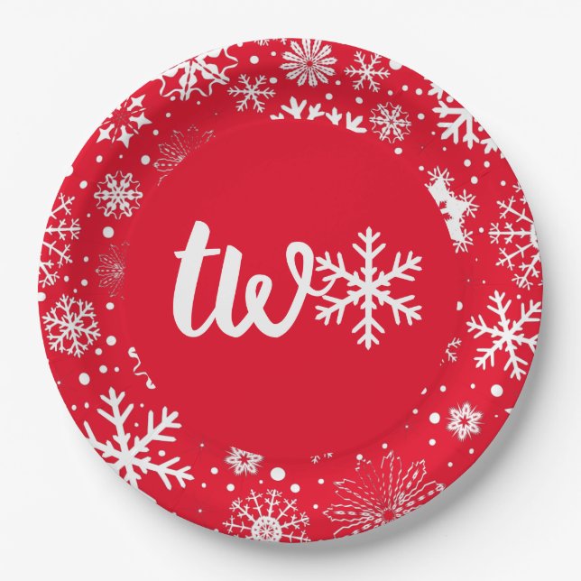 Assiettes En Carton Red Winter Second Anniversaire Flocon de neige Deu (Devant)