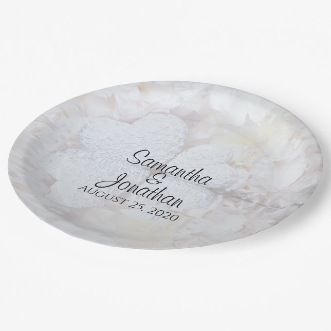 Assiettes En Carton Reflet Coeurs blancs Mariage romantique (Angle)