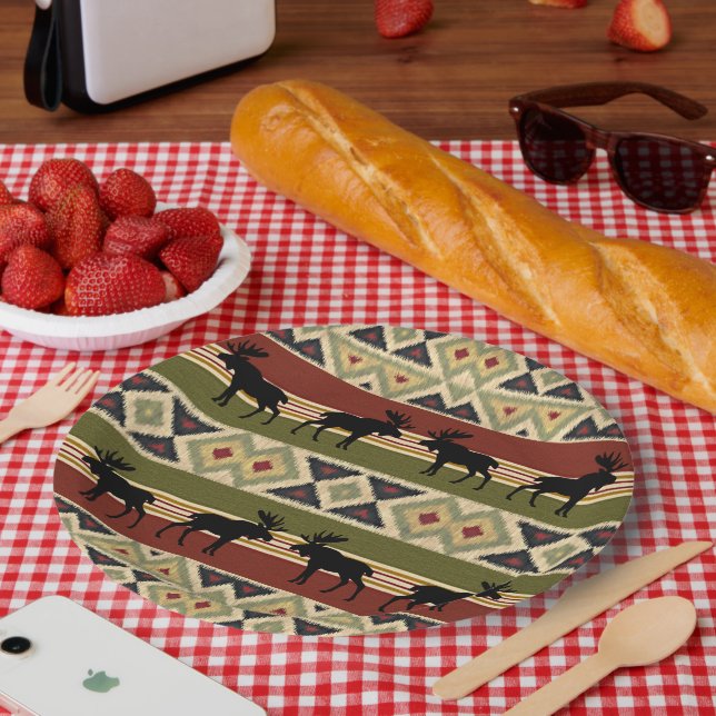 Assiettes En Carton Regard ethnique vert rouge ivoire ocre (Pique-nique)