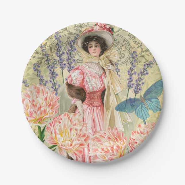 Assiettes En Carton Regency de femme victorienne rose (Devant)