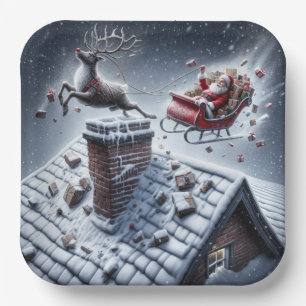 Assiettes En Carton Reindeer Mishap sur un toit neigeux