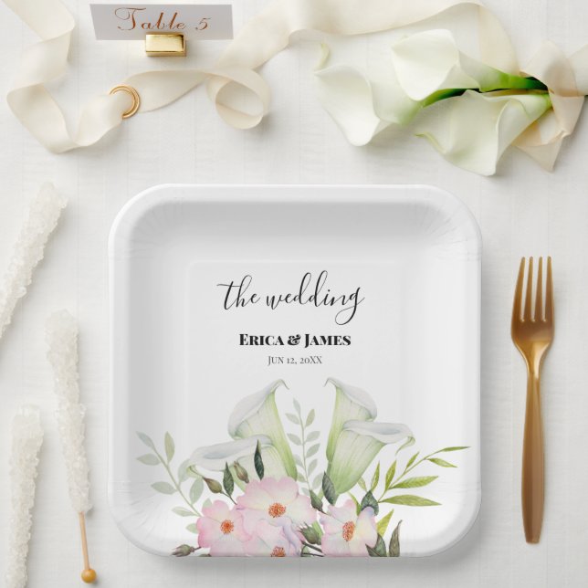 Assiettes En Carton Remerciement Mariage Gentil Lys Calla Blanc Roses  (Mariage)