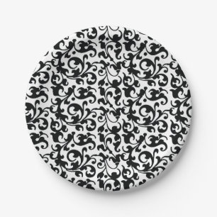 Assiettes En Carton Remous noirs et blancs élégants de damassé