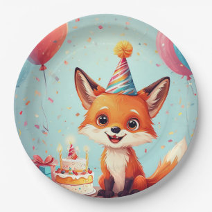 Assiettes En Carton Renard Adorable Célébrant un Anniversaire Joyeux