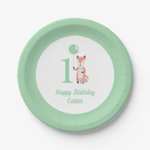 Assiettes En Carton Renard et ballon géant vert Joyeux anniversaire 1e