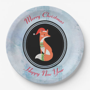Assiettes En Carton Renard orange en chapeau rouge Noël Joyeux Noël