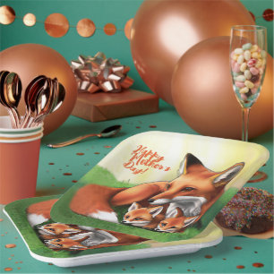 Assiettes En Carton Renard rouge Mère et Kits dans l'herbe