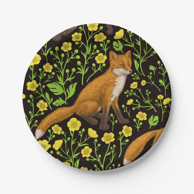 Assiettes En Carton Renards et papillons sur le noir (Devant)