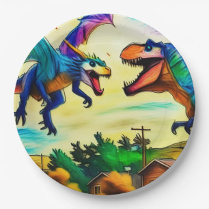 Assiettes En Carton Rencontre amicale - Dragon et dinosaure