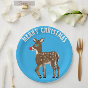 Assiettes En Carton Renne de Noël Bleu Blanc