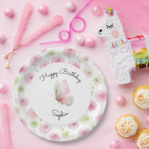 Assiettes En Carton Renoncule Fleurale Rose Menthe Anniversaire