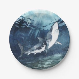 Assiettes En Carton Requin gris et blanc dans l'Océan bleu 