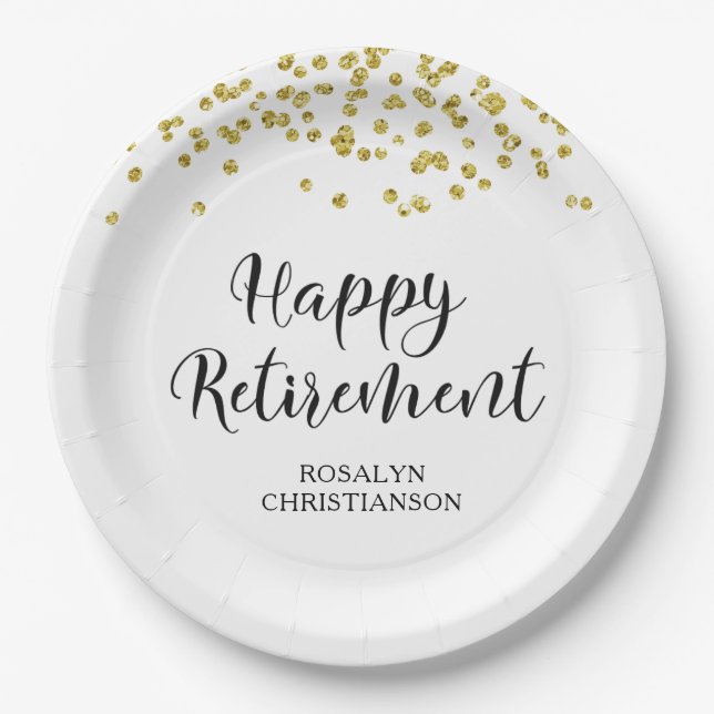 Assiettes En Carton Retraite Moderne Gold Nom Confetti (Devant)