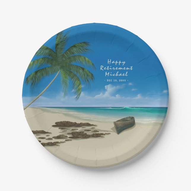 Assiettes En Carton Retraite Sandy Beach Nom personnalisé Plaque papie (Devant)