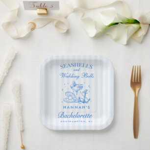 Assiettes En Carton Retro Blue Coquillages & Cloches de Mariage Enterr